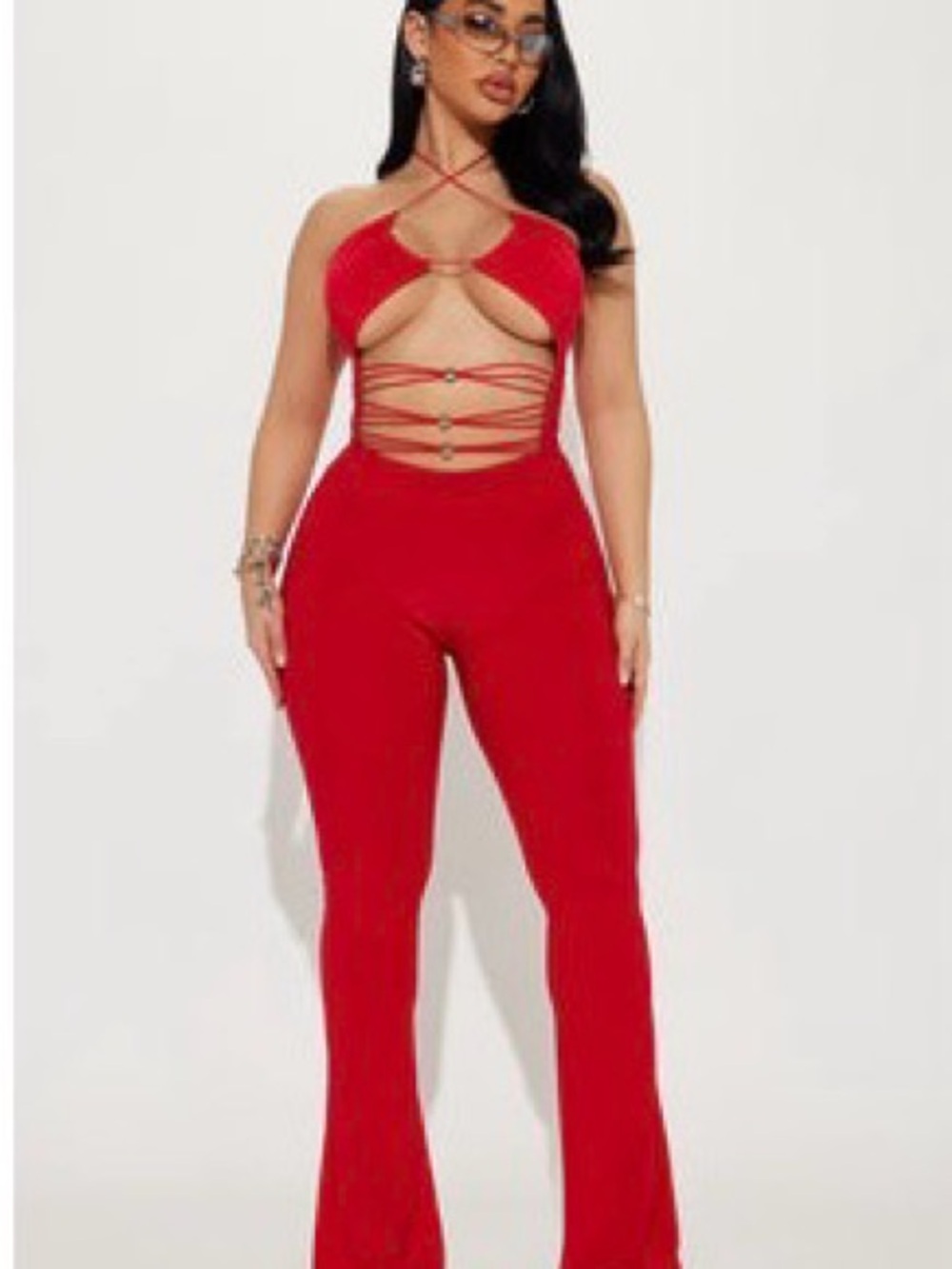 Fashion Nova Red Strappy Cutout Halter Jumpsuit